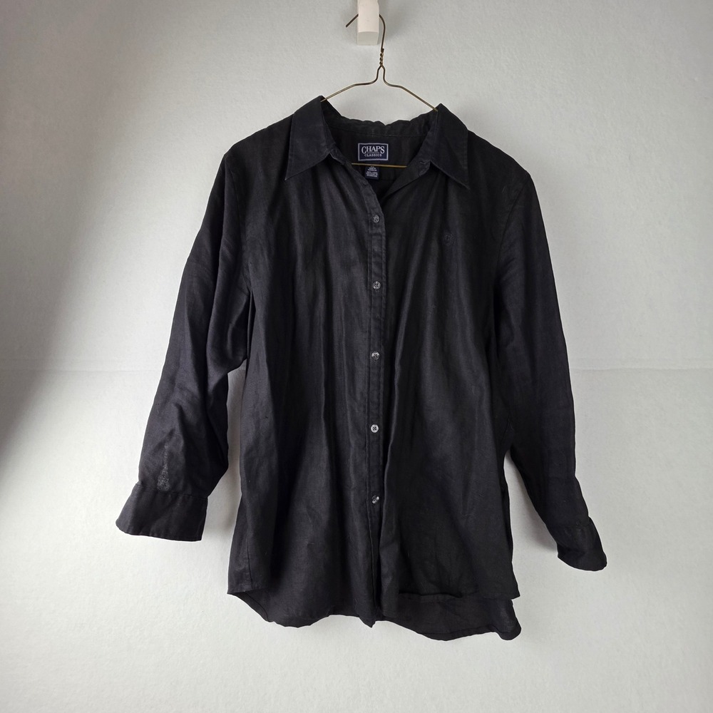 Chaps Classics Womens XL Black 100% Linen Button Down Shirt Long Sleeve Top
